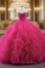 Fuchsia Tulle Sweetheart Neck Pearls Prom Dresses