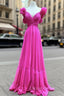 Fuchsia V Neck Pleats Backless Prom Dresses