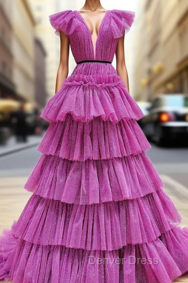 Fuchsia V Neck Pleats Tiers Prom Dresses