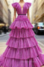 Fuchsia V Neck Pleats Tiers Prom Dresses