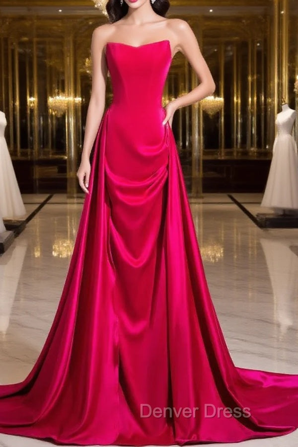 Fuchsia Velvet Satin Strapless Pleats Prom Dresses