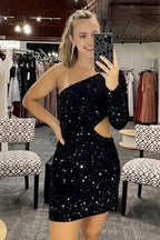 Fuchsia Waist Cut Out One Shoulder Tight Sequins Homecoming Dresses with Sleeves