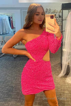 Fuchsia Waist Cut Out One Shoulder Tight Sequins Homecoming Dresses with Sleeves