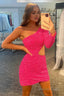Fuchsia Waist Cut Out One Shoulder Tight Sequins Homecoming Dresses with Sleeves