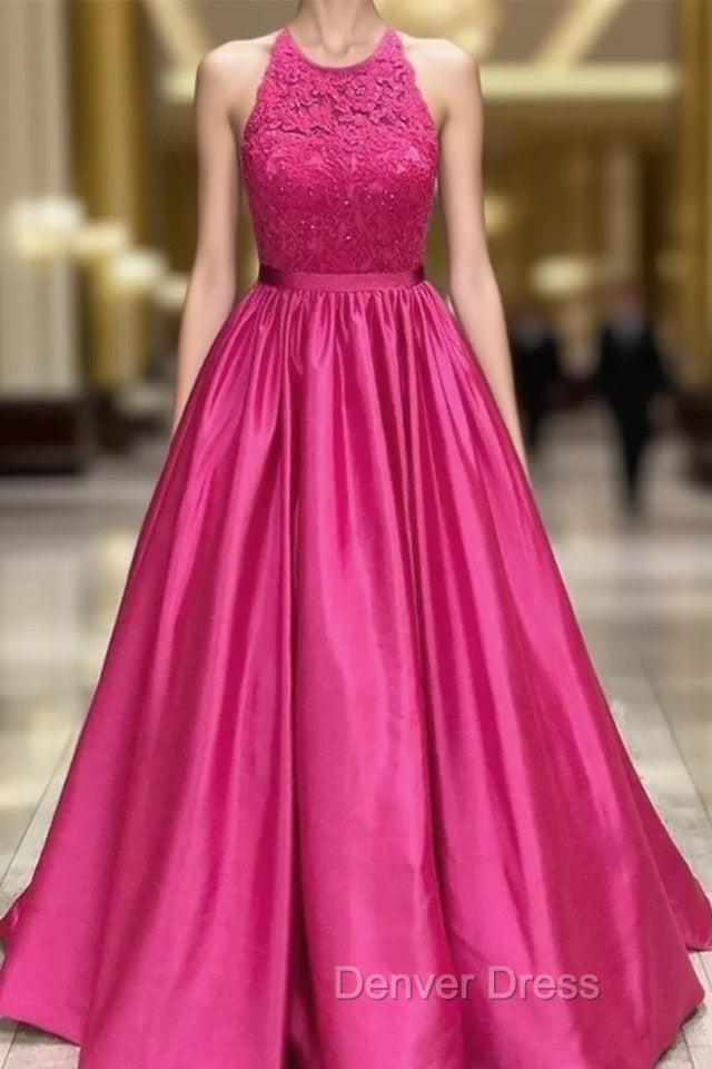 Fuscia Lace Appliques Satin Halter Prom Dresses