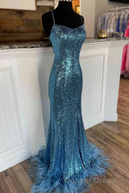 Long Sequined Blue Straps Prom Dresses with Feather Hem