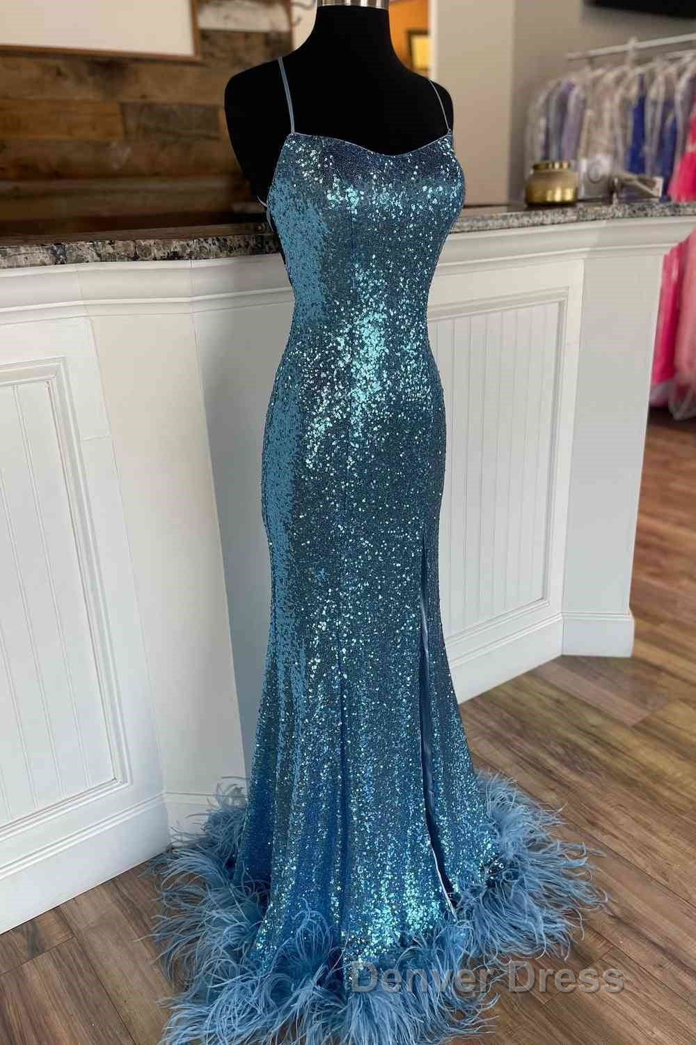Long Sequined Blue Straps Prom Dresses with Feather Hem