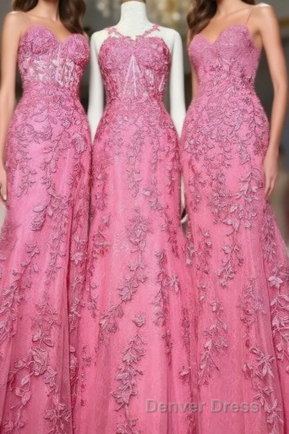 Gorgeous Hot Pink Lace Appliques Long Formal Dresses Main image