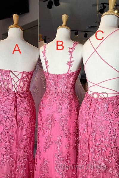 Gorgeous Hot Pink Lace Appliques Long Formal Dresses