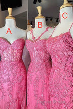 Gorgeous Hot Pink Lace Appliques Long Formal Dresses