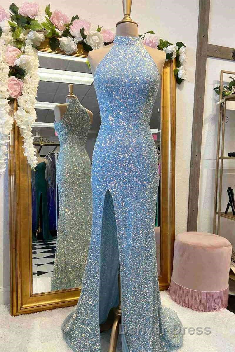 Sequins High Neck Royal Blue Long Prom Dresses with Slit