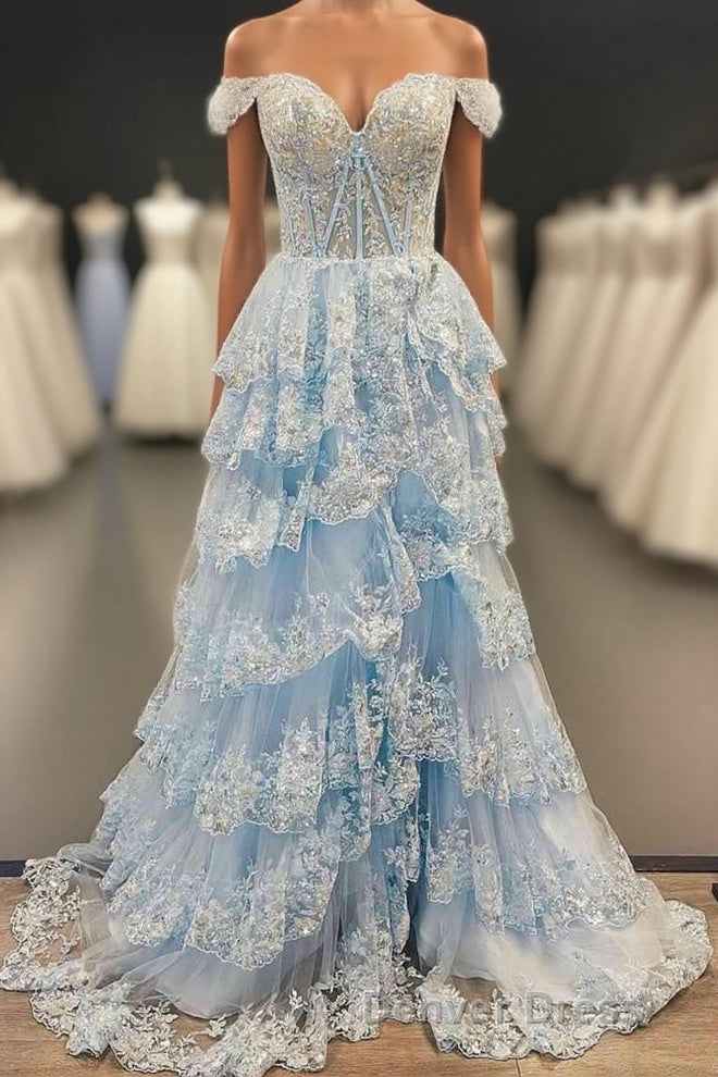 Light Blue Corset Lace Tiered Tulle Long Prom Dresses Main image