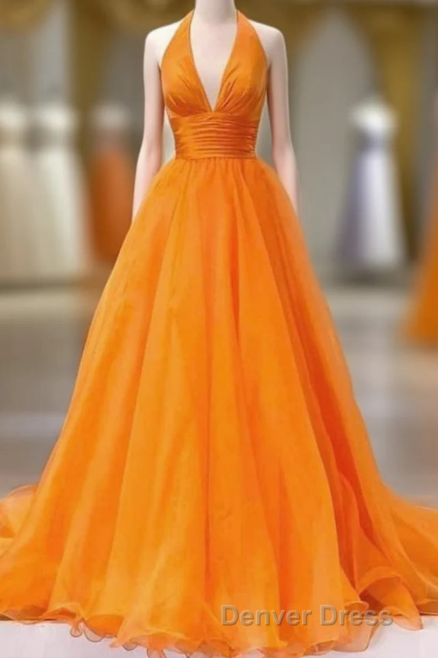 Elegant Orange Halter A Line Long Prom Dresses