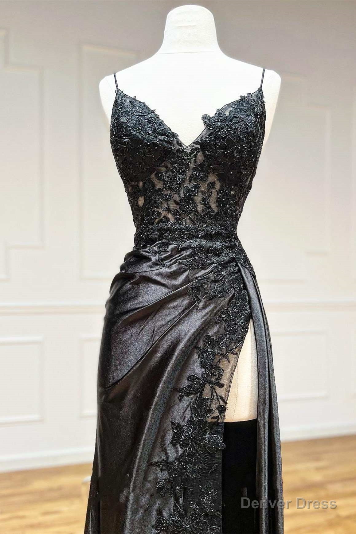 Black Floral Lace V-Neck Long Prom Dress with Slit