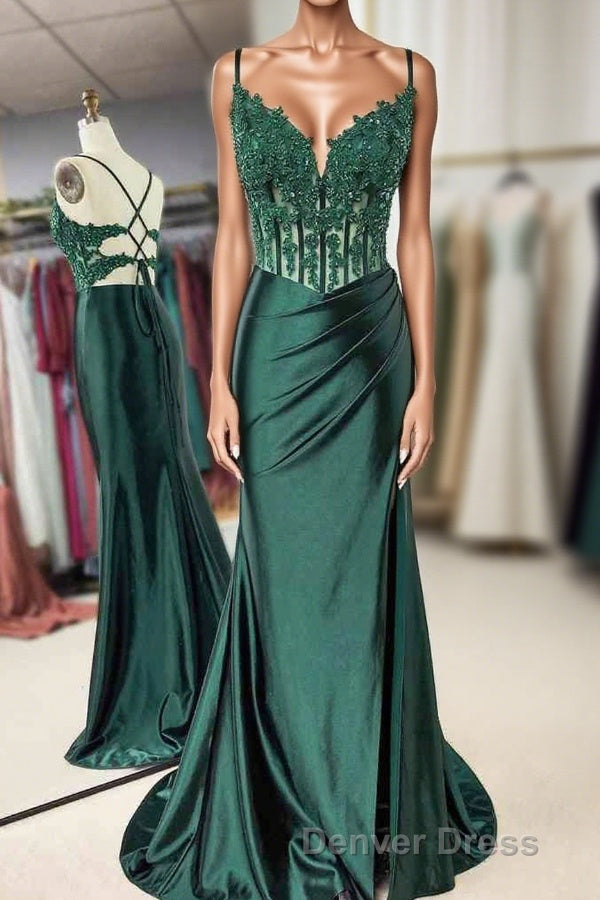 Mermaid Emerald Green Straps Ruched Prom Dresses with Slit Main image