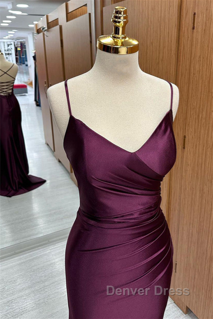 Cabernet Satin V Neck Lace Up Back Pleated Long Prom Dresses with Silt