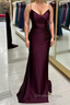 Cabernet Satin V Neck Lace Up Back Pleated Long Prom Dresses with Silt
