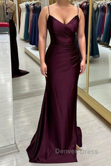 Cabernet Satin V Neck Lace-Up Back Pleated Long Prom Dress with Silt