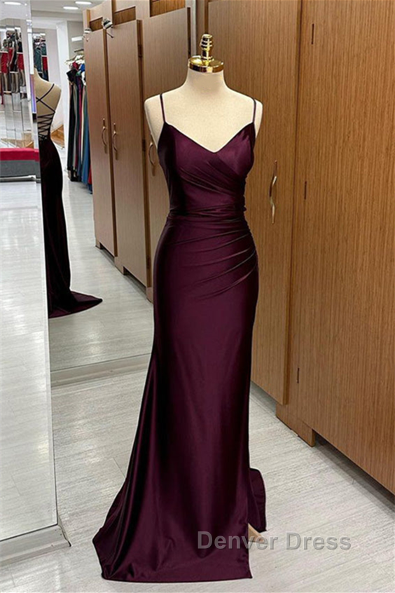 Cabernet Satin V Neck Lace Up Back Pleated Long Prom Dresses with Silt Secondary image