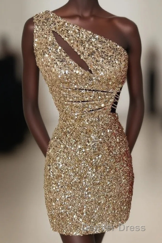 One Shoulder Gold Cutout Sequin Tight Homecoming Dresses Main image