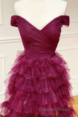 Off the Shoulder Burgundy Pleated Sheer Tiered Prom Dresses