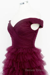 Off the Shoulder Burgundy Pleated Sheer Tiered Prom Dresses