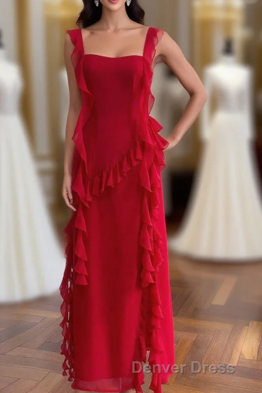 Square Neck Red Ruffle Chiffon Long Party Dresses