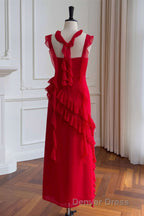 Square Neck Red Ruffle Chiffon Long Prom Dresses