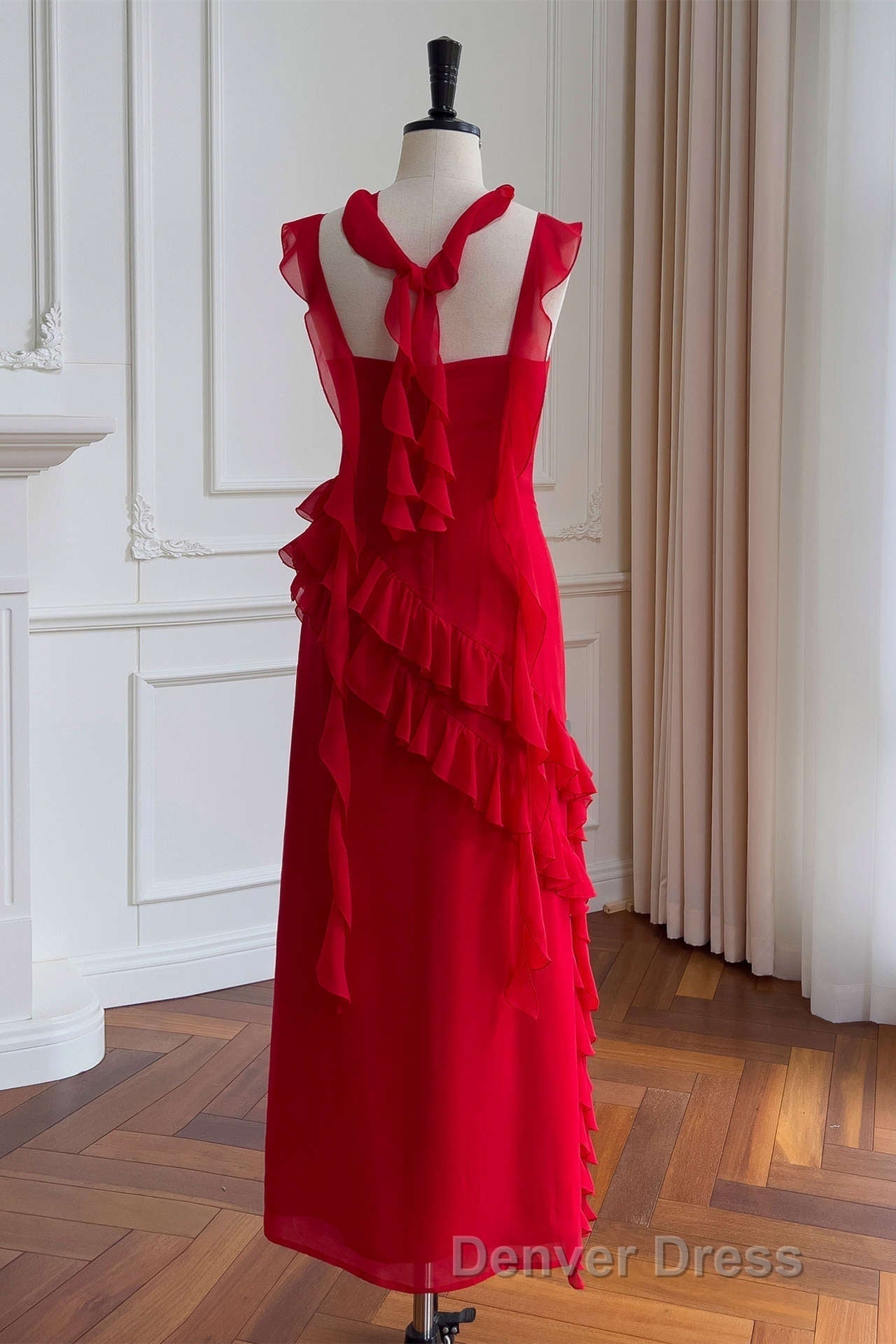 Square Neck Red Ruffle Chiffon Long Prom Dresses