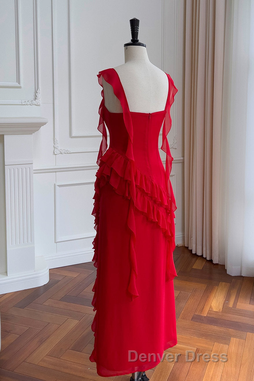 Square Neck Red Ruffle Chiffon Long Party Dresses