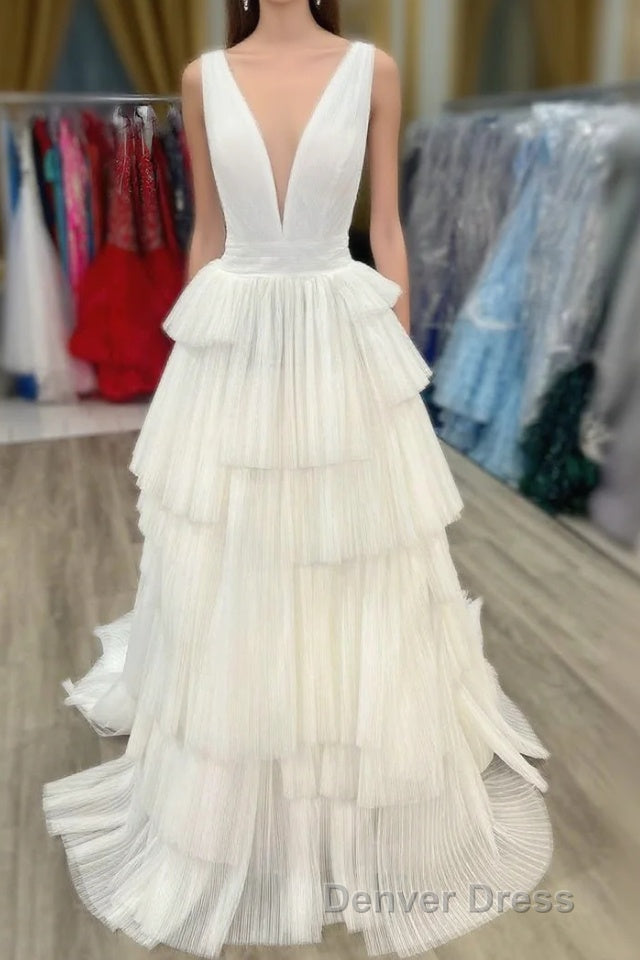 White V-Neck Pleated Layered Long Formal Dresses Main image