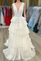White V-Neck Pleated Layered Long Formal Dresses