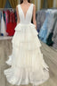 White V-Neck Pleated Layered Long Formal Dresses