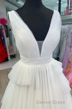 White V Neck Pleated Layered Long Prom Dresses
