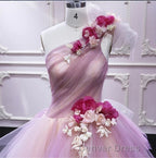 Puffy One Shoulder Sleeveless Tulle Prom Dress with Flowers, Ruffles Quinceanera Dresses