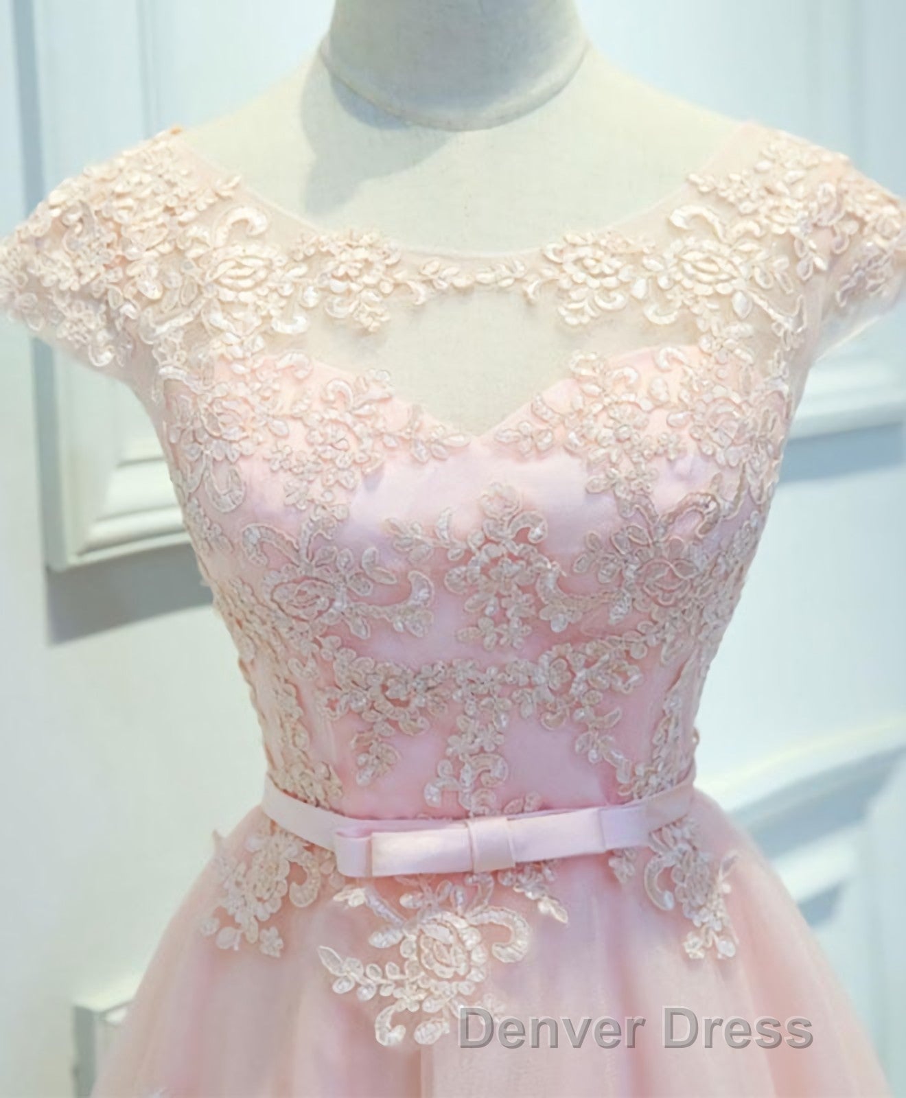 Pink Lace Tulle Short Prom Dress, Pink Prom Dresses