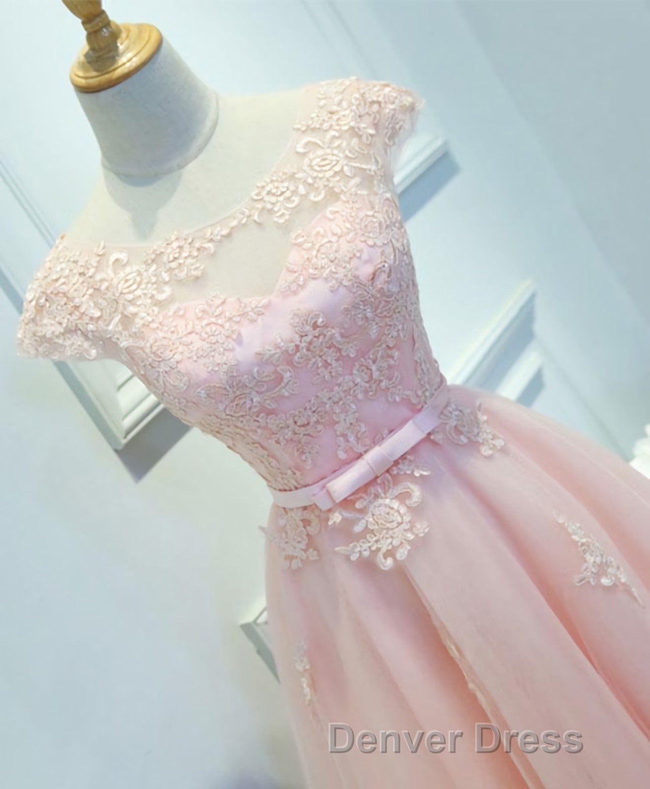 Pink Lace Tulle Short Prom Dress, Pink Prom Dresses