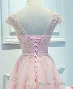 Pink Lace Tulle Short Prom Dress, Pink Prom Dresses