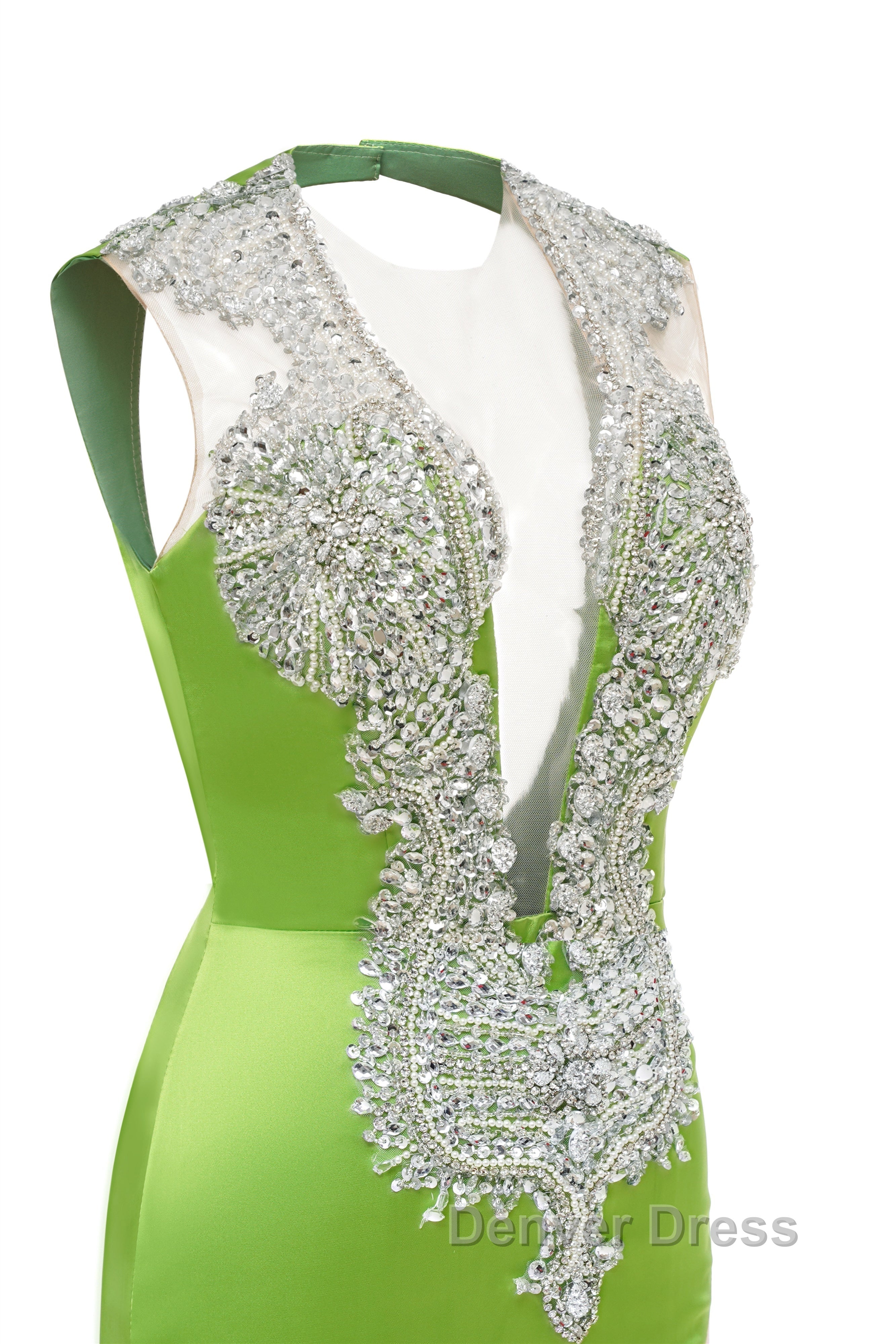 V Neck Mermaid Brush Train Hollow Sleeveless Beading Prom Dresses
