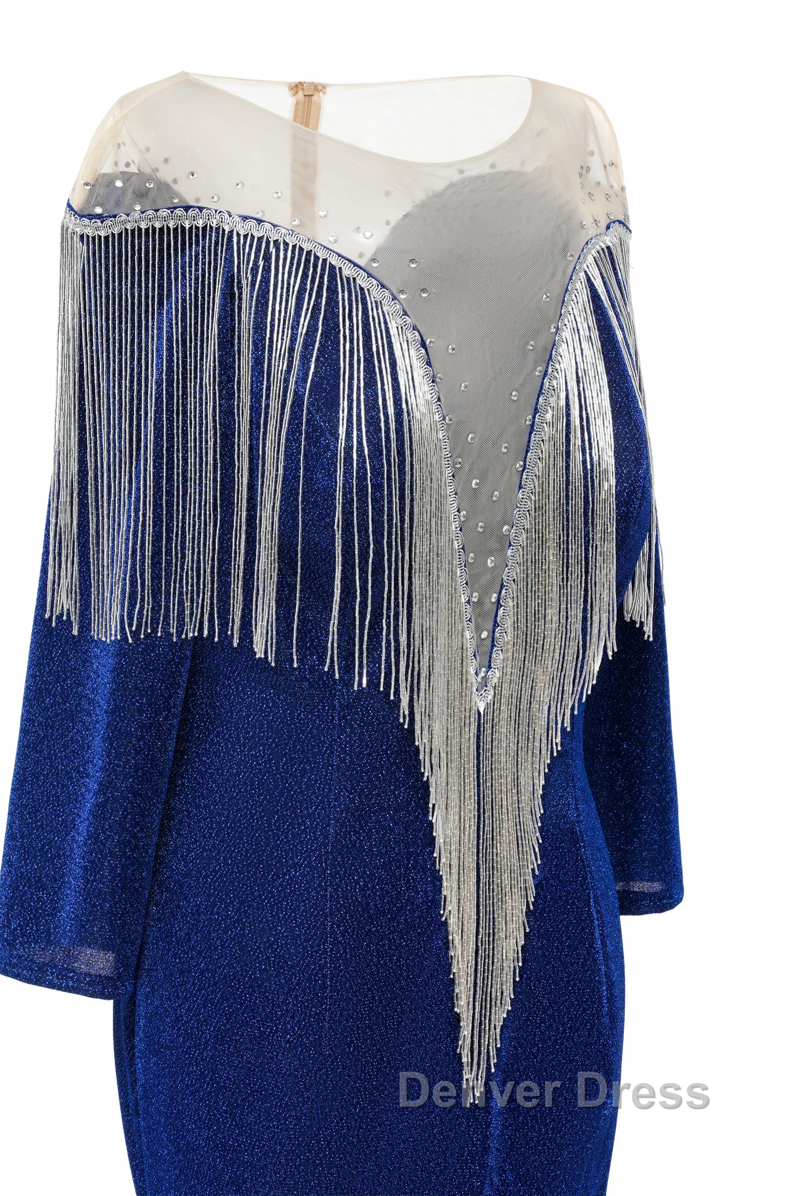 Deep V-neck Shiny Royal Blue Long sleeves Mermaid Prom Dresses