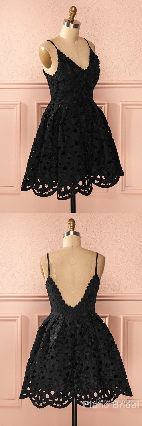 A Line Spaghetti Straps Backless Short Black Lace Homecoming Dresses Secondary image