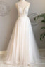white v neck tulle lace long prom dress