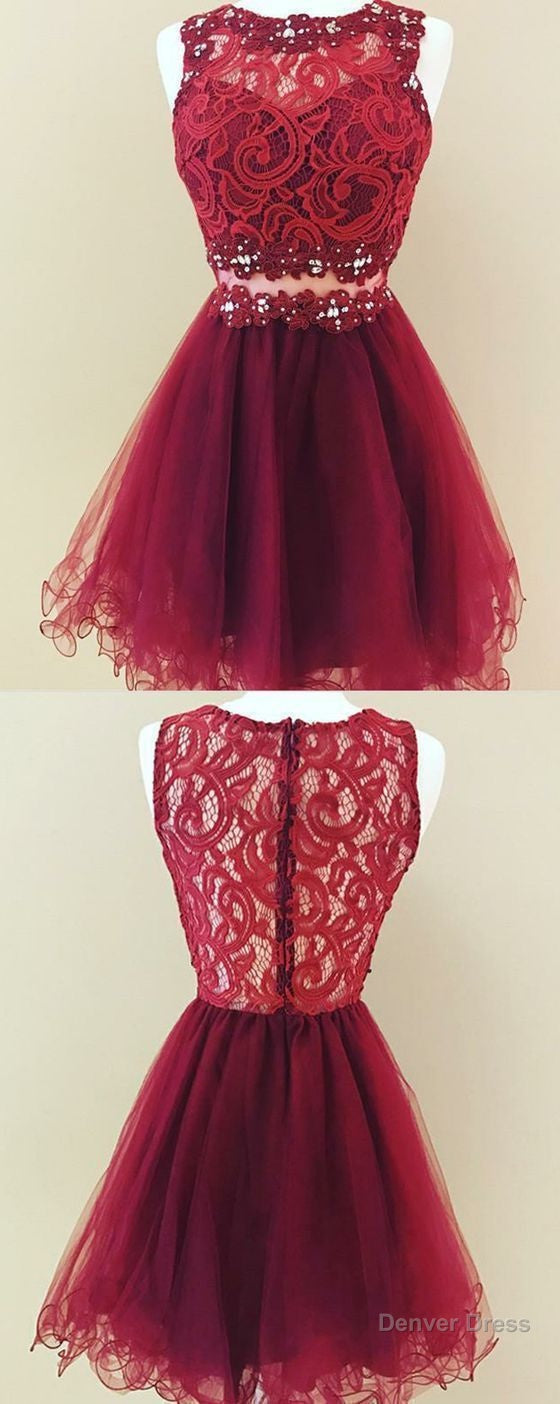 A Line Jewel Short Burgundy Tulle Homecoming Dresses With Lace Sequins Main image