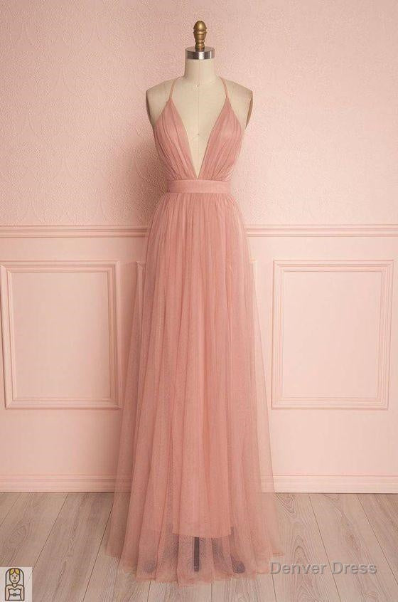 Deep V Neck Prom Dress, Blush Pink Floor Length Tulle Wedding Prom Dresses, Spaghetti Straps Main image