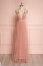 Deep V Neck Prom Dress, Blush Pink Floor Length Tulle Wedding Prom Dresses, Spaghetti Straps
