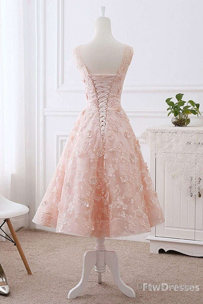 pink lace round neck tea length prom Dress lace Prom Dresses Main image