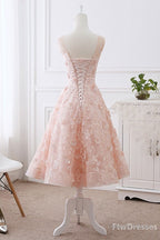 pink lace round neck tea length prom Dress lace Prom Dresses
