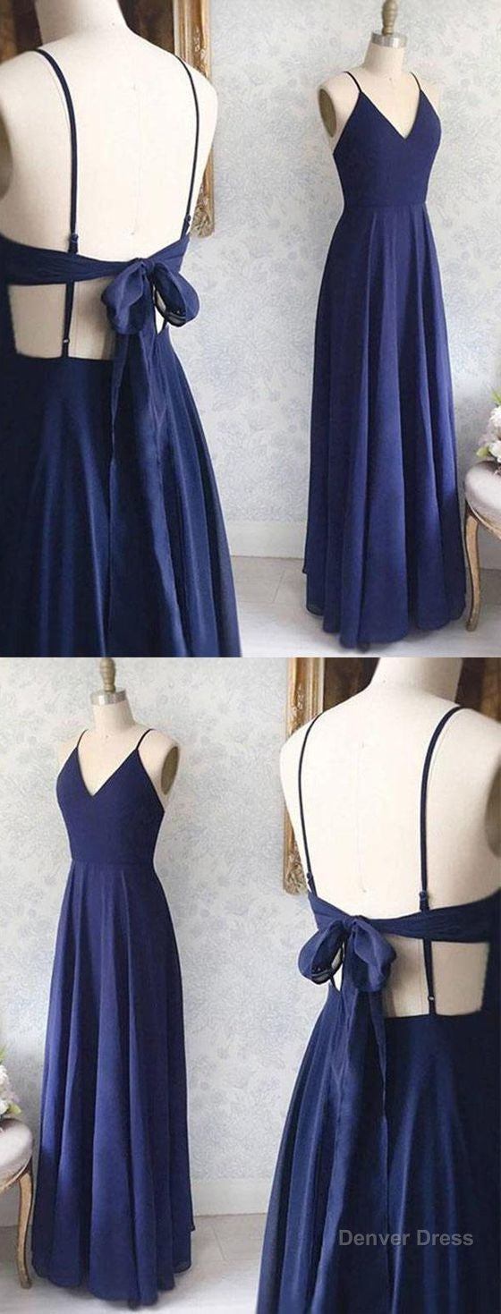 Great Prom Dress, Backless Sexy Spaghetti Straps Backless Navy Blue Chiffon A Line Floor Length Prom Dresses Main image