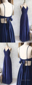 Great Prom Dress, Backless Sexy Spaghetti Straps Backless Navy Blue Chiffon A Line Floor Length Prom Dresses