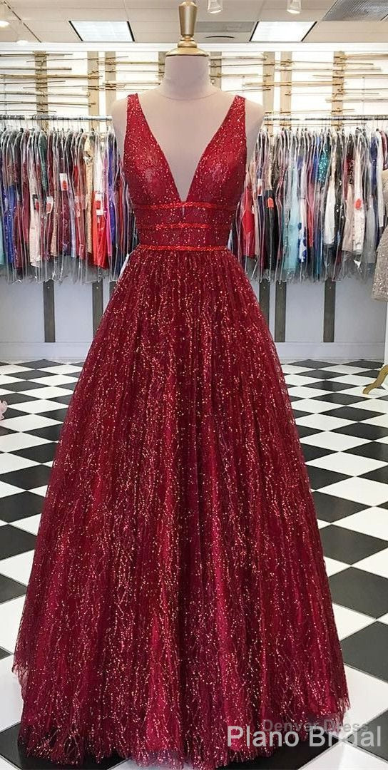Sparkly Ball Gown V Neck Open Back Burgundy Sequins Long Prom Dresses, Unique Evening Dresses Secondary image